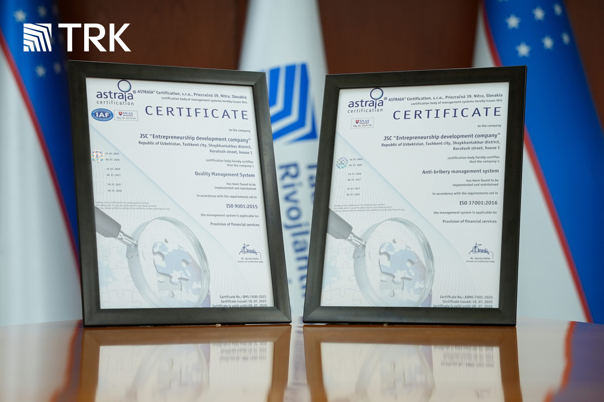 “Tadbirkorlikni rivojlantirish kompaniyasi” ISO 9001:2015 va ISO 37001:2016 sertifikatlarini qo‘lga kiritdi “Tadbirkorlikni rivojlantirish kompaniyasi” ISO 9001:2015 va ISO 37001:2016 sertifikatlarini qo‘lga kiritdi